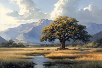 Illustration of the beauty of the savannah, depicting a large tree standing majestically in a vast field, with a backdrop of towering mountains, depicting the harmony of nature