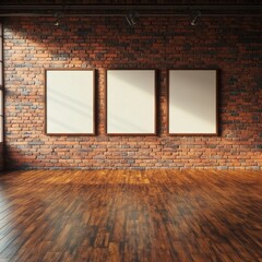 Wall Mural - Three empty poster frames are needed for creating a mock up, along with an image of a blank frame on a wall illuminated by spotlights