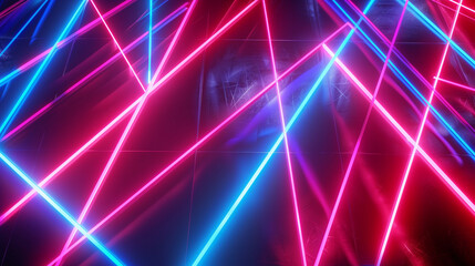 Poster - Abstract Neon Background with Glowing Blue, Red, and Pink Triangles Forming Dynamic Geometric Shapes. Modern Wallpaper Design with Ultraviolet Lighting and Laser Effects, Creating an Ultra-Realistic N
