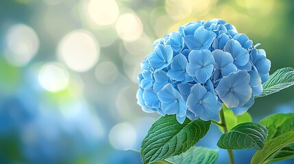 Canvas Print - Blue hydrangea blooming in garden with bokeh background