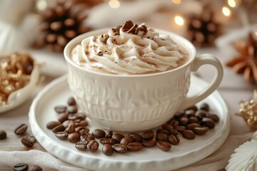 Wall Mural - cup of coffee with whipped cream and coffee beans celebrating christmas holidays