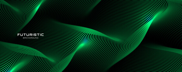 Wall Mural - 3d green techno background on dark space with flowing lines effect decoration. modern graphic design
