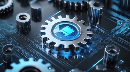 Fototapete - Close-Up of Gear Mechanism with Circuit Board and Technology Elements