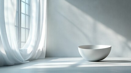 Wall Mural - Serene white room, sunlight streams, empty bowl.