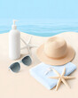 © FARMPICS - beach scene featuring sunscreen, straw hat, sunglasses, towel, and starfish on sandy shore. Perfect for summer vibes and relaxation