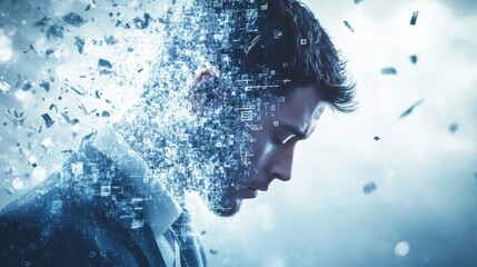 Fototapete - Man's Profile with Digital Fragmentation and Abstract Technology Elements