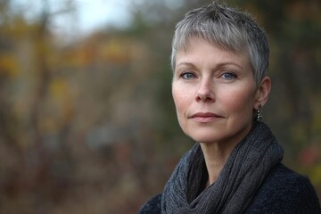 Woman with short gray hair and scarf poses outdoors in autumn with a serene expression, showcasing natural beauty and confidence