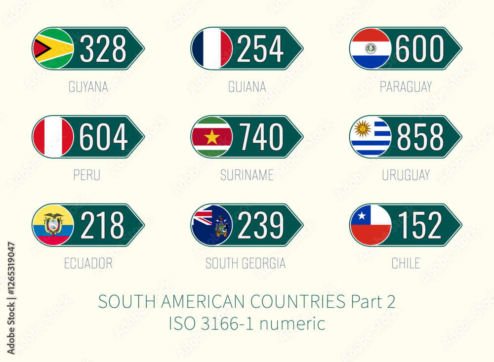 Set of vector illustrations of ISO 3166 1 numeric and flags of SOUTH ...
