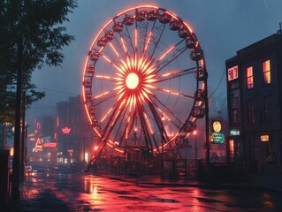 Wall Mural - Illuminated Ferris wheel glows red in rainy city night