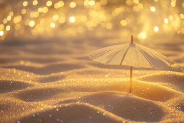 Wall Mural - Small umbrella stands on soft sand as golden sunlight creates shimmering patterns on the beach during sunset