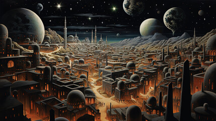 Wall Mural - retro futuristic city in the old school sci-fi art scene. retro space landscape with city.