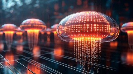 Digital jellyfish data streams, futuristic city background, tech concept
