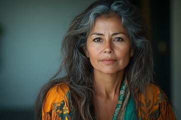 Woman with long gray hair and vibrant shawl gazes thoughtfully at the camera in a natural setting during daylight