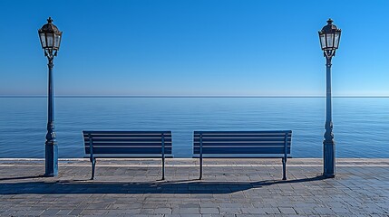 Canvas Print - Empty benches at a waterfront under clear skies, ideal for travel or leisure concepts