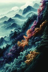 Wall Mural - Misty mountains colorful trees serene landscape