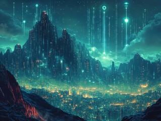 Wall Mural - Futuristic city nestled in mountains, digital rain falling.