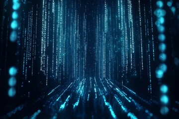 Wall Mural - digital matrix background with blue glowing binary code, vertical lines of numbers in the dark space