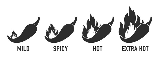 Wall Mural - Spice level marks: mild, spicy, hot and extra hot. Symbol of pepper with fire. Vector spicy food mild and extra hot sauce, chili pepper red icons