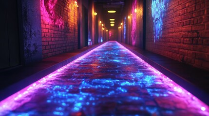 Wall Mural - Neon-lit alleyway, glowing water path, urban fantasy.