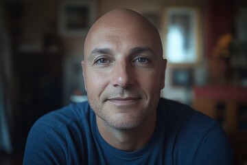 Wall Mural - Man with a shaved head smiles warmly in a cozy room filled with soft lighting and intimate decor