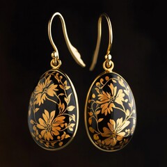 Wall Mural - Elegant black and gold floral drop earrings on dark background