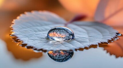 Sticker - Water droplet reflects sunset on leaf