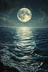 Wall Mural - Full moon over tranquil ocean waves at night