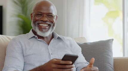 Happy senior man texting on sofa at home