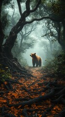 Wall Mural - Majestic brown bear in a misty autumn forest.