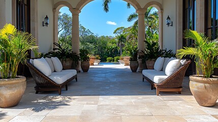 Canvas Print - Luxury Patio, Poolside Relaxation, Tropical View, Tranquil Oasis