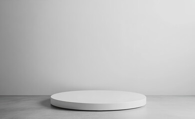 Fototapete - Clean and minimalist circular platform set against a white background and floor, ideal for showcasing products with soft, professional lighting