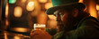 © Irina - Sad man in green hat upset with fresh beer on bar counter. Leprechaun with beard and craft beer on blurred Irish pub background. Tradition carnival St. Patrick's day celebration. Oktoberfest.