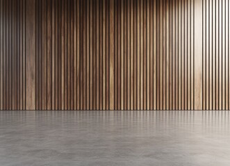 Wall Mural - A 3D rendering of a living room with a minimalist design, showcasing an empty wooden wall as the backdrop