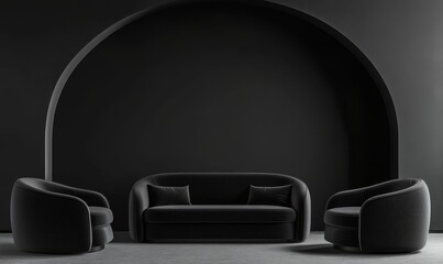 Wall Mural - A 3D rendered image of modern living room furniture and decor, set against a black arched wall texture background