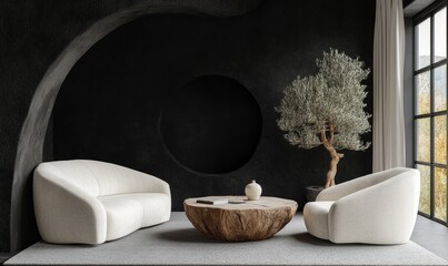 Wall Mural - Modern living room furniture mock-up and decor with a black concrete texture arch wall in the background. 3D rendering