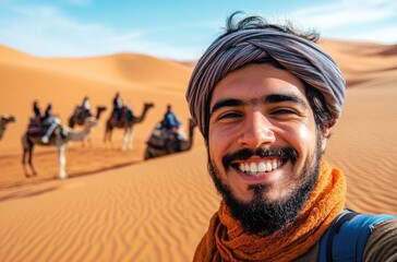 Wall Mural - A selfie of a happy Moroccan man in the desert with camels and people