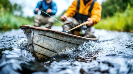 Fishermen in Old Boat Casting Lines in Calm River Waters