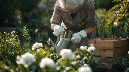 Wall Mural - an elderly woman in her garden, planting white peonies and watering them with a watering can, wearing gardening aprons and gloves