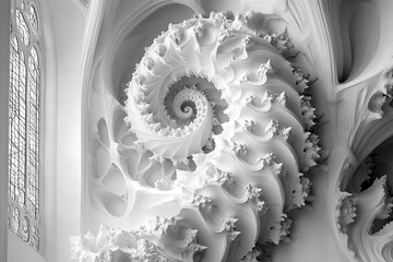 Wall Mural - Intricate white spiral architecture resembling a nautilus shell in a serene environment