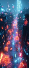 Wall Mural - Neon-lit futuristic city street, glowing trees, vehicles.