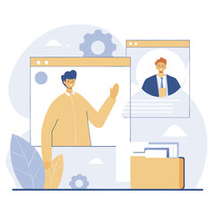 Wall Mural - A digital illustration featuring a diverse person engaging in a video call and working at a desk, showcasing technology and teamwork in a modern setting.