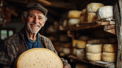 SENIOR MAN CHEESE SELLER HOLDING A LARGE CHEESE WHILE SMILING AT THE CAMERA