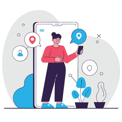 Wall Mural - An illustration of a person interacting with a smartphone surrounded by digital icons. The character appears to have European features. The scene is colorful and modern.