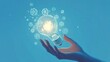 © renny - Featuring a hand about to touch a floating light bulb, filled with animated gears and electrical currents, emitting a soft glow on a clean blue background.