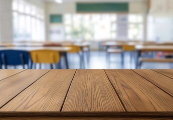 Poster - Wooden table in a bright classroom with empty desks and chairs