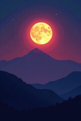 Wall Mural - A glowing full moon rises above a mountain range at dawn, sky, lunar cycle