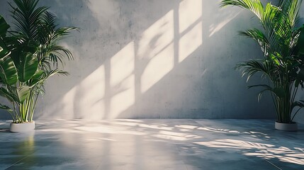 Wall Mural - Sunlit Interior Plants, Concrete Wall, Empty Space