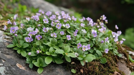 Poster - Tiny purple flowers growing on a rock outcrop with a blurred forest background