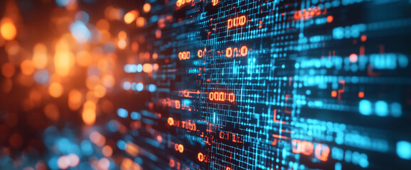 A digital matrix of binary code streams across the screen, illuminating the path of data flow in a vibrant display of orange and blue light.
