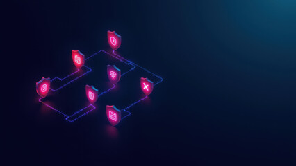 Wall Mural - A digital illustration depicting an intricate network of interconnected hexagon-shaped nodes with lines indicating data flow, symbolizing cybersecurity and internet security.